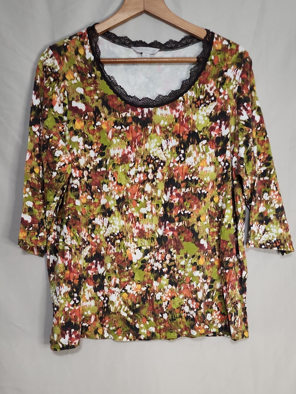 Laura Ashley Green Multi Floral-Print Scoop Neck Lace Trim Top